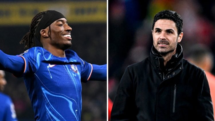 Picture one Noni Madueke for Chelsea in a Premier League match. Picture two Arsenal manager Mikel Arteta in a Champions League match.