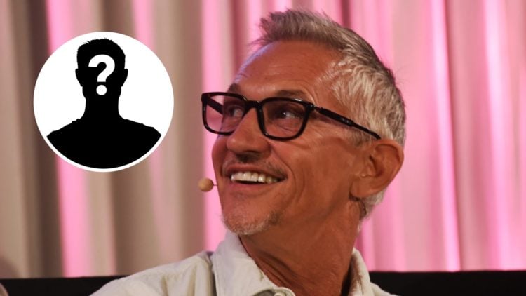 Gary Lineker speaks at a Podcast Fireside Chat. Inset, mystery football player