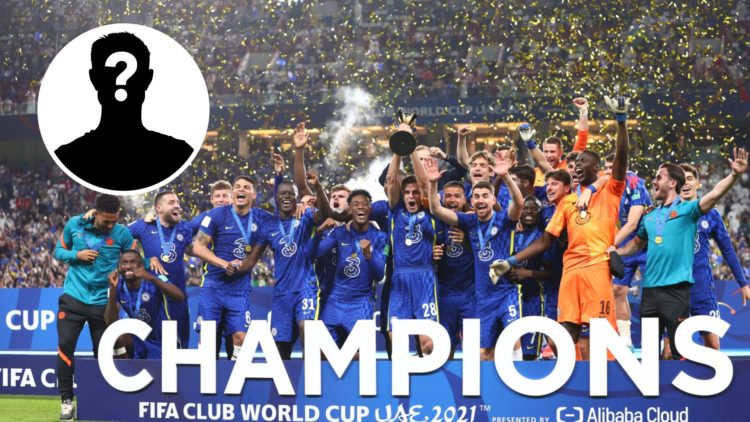 Chelsea's squad of players lifting the 2021 Club World Cup trophy after winning the final. Inset, mystery football player