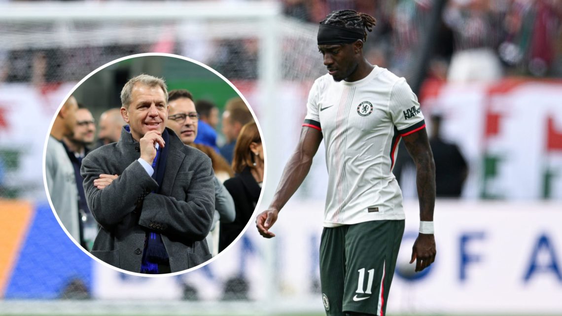 Noni Madueke looks on during Fluminense FC v Chelsea FC: Semi Final - FIFA Club World Cup 2025. Todd Boehly looks on after Real Betis Balompie v Ch...