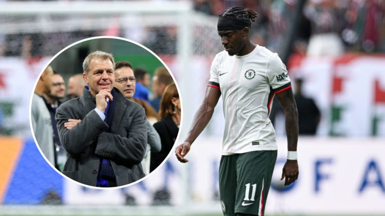 Noni Madueke looks on during Fluminense FC v Chelsea FC: Semi Final - FIFA Club World Cup 2025. Todd Boehly looks on after Real Betis Balompie v Ch...