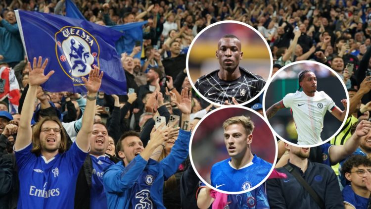Chelsea fans celebrate after winning the Conference League final. Inset, Nicolas Jackson warms up for the Club World Cup. Inset, Liam Delap playing...