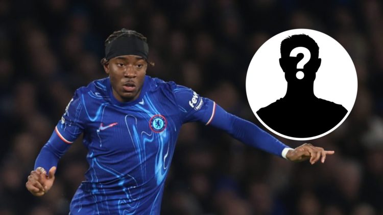 Noni Madueke playing for Chelsea against West Ham in the Premier League. Inset, mystery football player