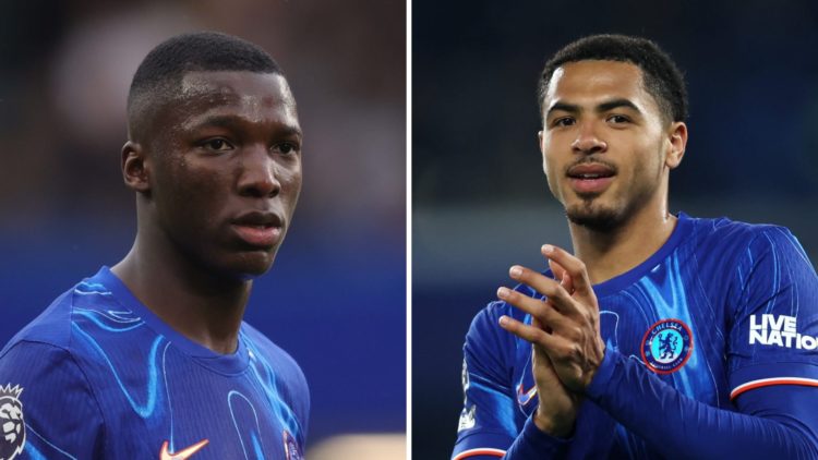 Picture one Moises Caicedo playing for Chelsea in the Premier League. Picture two Levi Colwill playing for Chelsea in the Premier Leagu