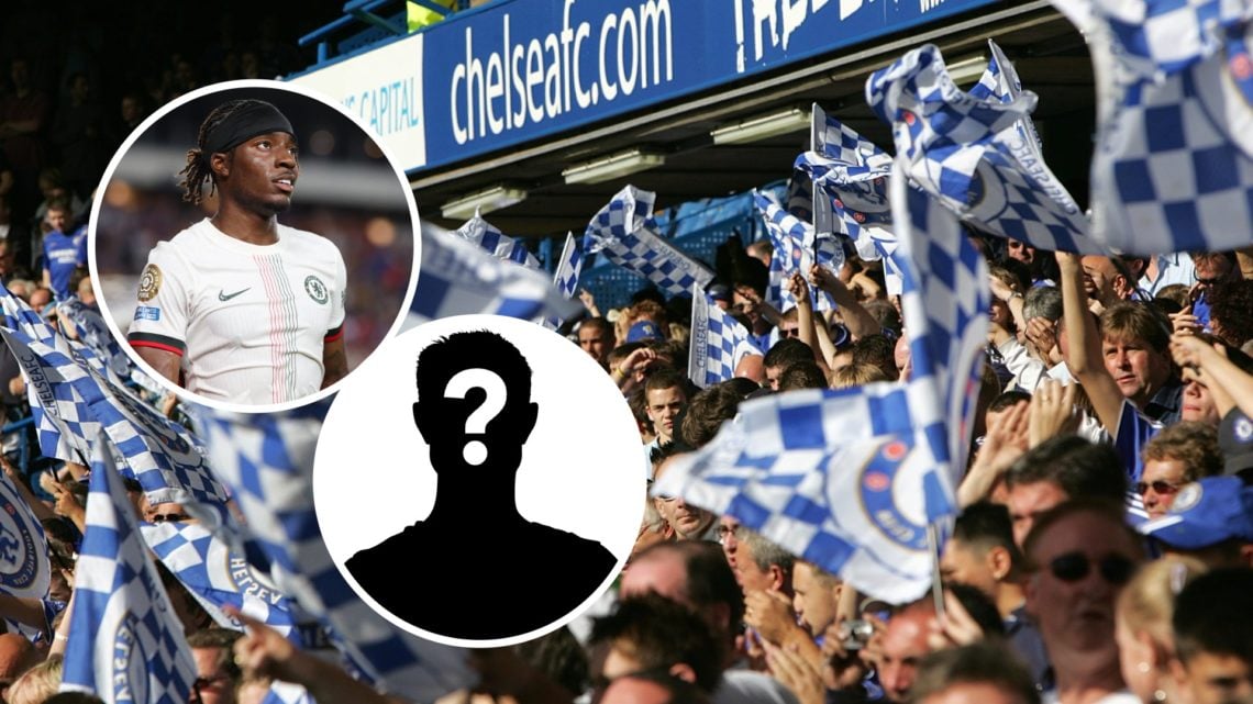 Chelsea fans with flags at a Premier League match. Inset one, Chelsea winger Noni Madueke during a Club World Cup match. Inset two, mystery footbal...