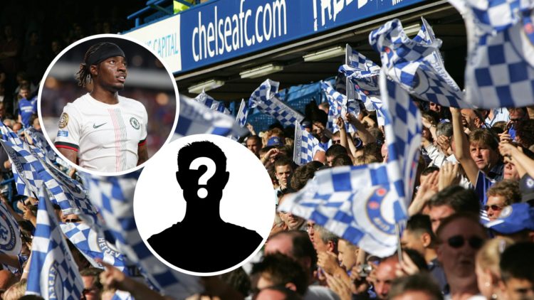 Chelsea fans with flags at a Premier League match. Inset one, Chelsea winger Noni Madueke during a Club World Cup match. Inset two, mystery footbal...