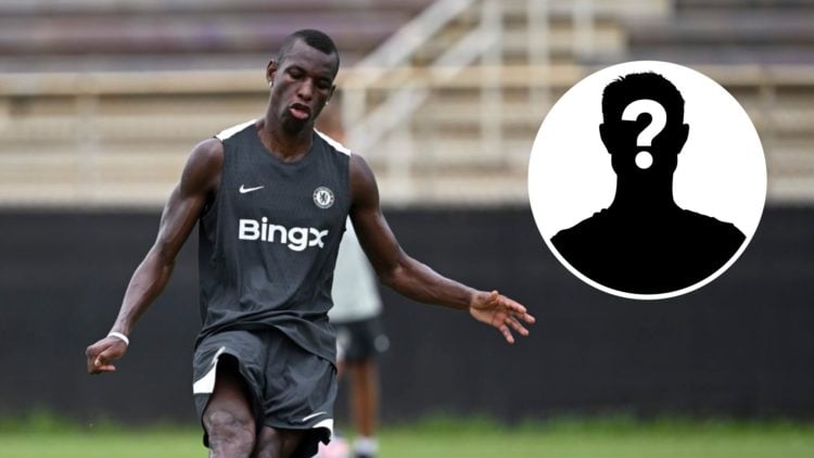 Chelsea striker Nicolas Jackson in training before a Club World Cup match. Inset, mystery football player