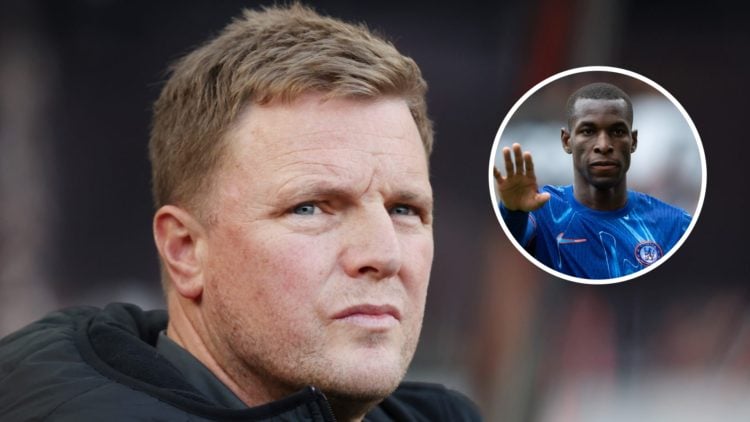 Newcastle United manager Eddie Howe during a Premier League match. Inset, Chelsea striker Nicolas Jackson during a Premier League match.