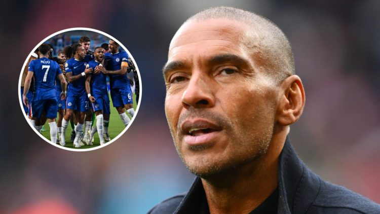 Stan Collymore as a pundit at a Premier League match. Inset, Chelsea players celebrate a goal at the Club World Cup.