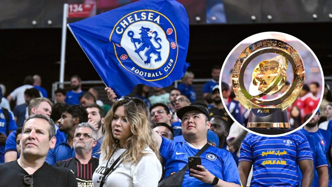 Chelsea fans in the crowd at a Club World Cup group stage match. Inset, the Club World Cup trophy