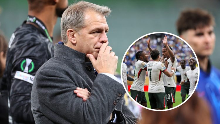 Todd Boehly looks on after Real Betis Balompie v Chelsea FC - UEFA Conference League Final 2025. Joao Pedro (C) of Chelsea FC makes an apologetic g...