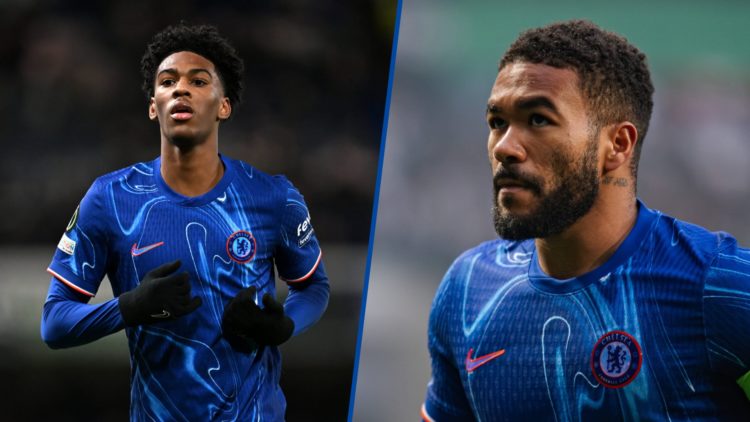 Split image - Josh Acheampong of Chelsea looks on during Conference League match and Reece James of Chelsea seen during Conference League match