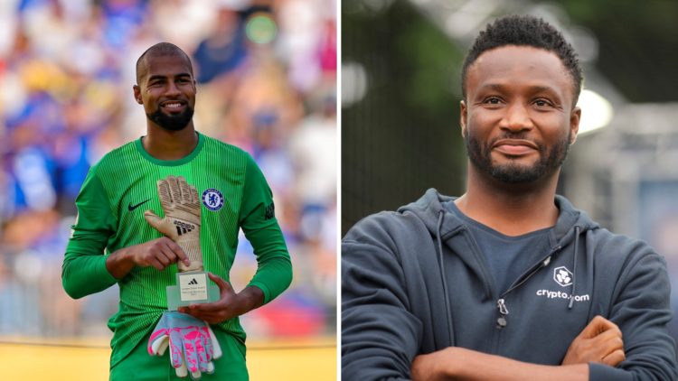 Robert Sanchez poses with the Golden Glove award after Chelsea FC v Paris Saint-Germain: Final - FIFA Club World Cup 2025. John Obi Mikel is presen...