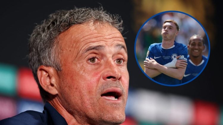 Luis Enrique speaks in his pre-match press conference, inset Cole Palmer celebrates scoring his side's first goal during Chelsea FC v PSG
