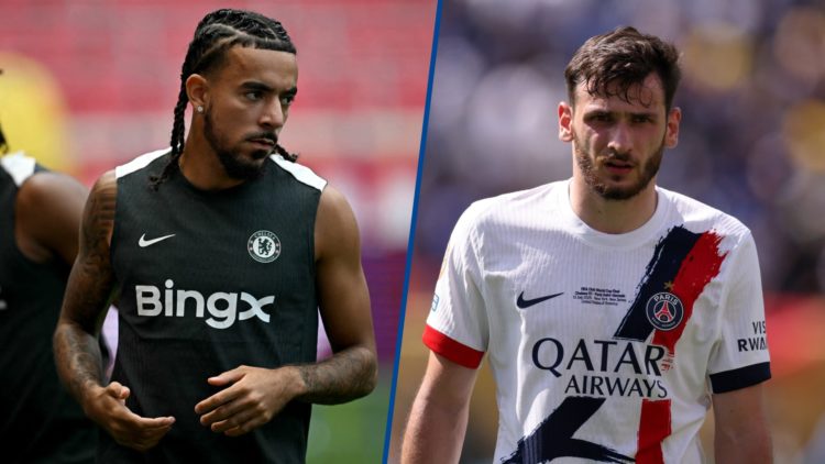Split image - Malo Gusto takes part in training session and Khvicha Kvaratskhelia during Club World Cup final between Chelsea and Paris Saint-Germain
