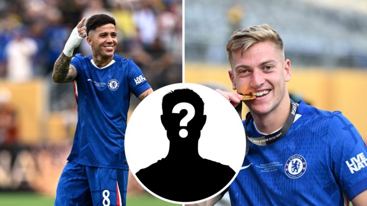 Enzo Fernandez celebrates after Chelsea FC v Paris Saint-Germain: Final - FIFA Club World Cup 2025. Liam Delap celebrates with his winner's medal a...