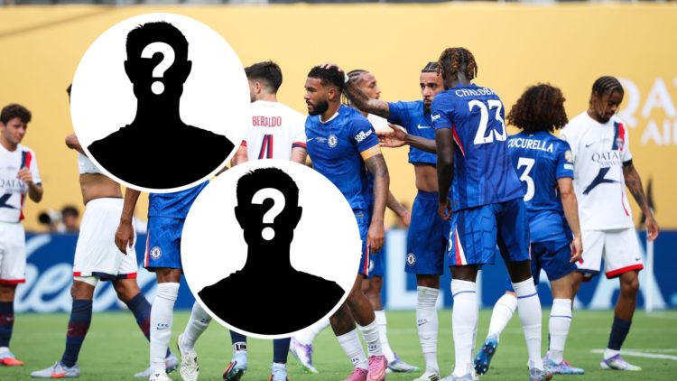 Chelsea defender Malo Gusto grabbing Reece James' head, inset mystery player x2