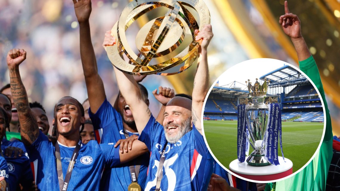 Enzo Maresca lifts the trophy after Chelsea FC v Paris Saint-Germain: Final - FIFA Club World Cup 2025. The Premier League trophy on display ahead ...