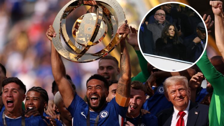 Reece James lifts the trophy after Chelsea FC v Paris Saint-Germain: Final - FIFA Club World Cup 2025. Club director Marina Granovskaia looks on du...