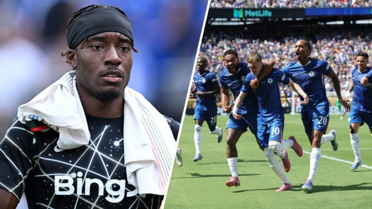 Noni Madueke looks on ahead of Fluminense FC v Chelsea FC: Semi Final - FIFA Club World Cup 2025. Cole Palmer celebrates scoring his second goal du...