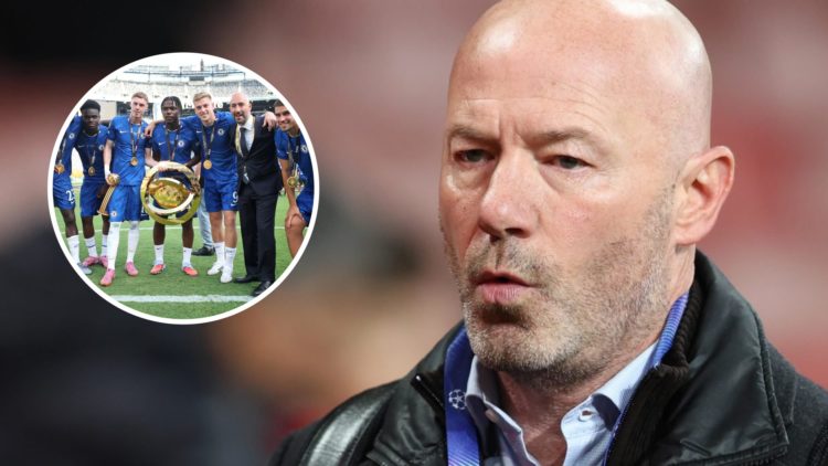 Alan Shearer working as a pundit for a Champions League match. Inset, Chelsea players celebrate on the pitch after winning the Club World Cup.