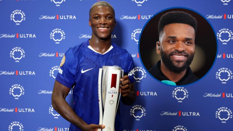 Chelsea midfielder Moises Caicedo poses with the Player of the Match award, inset Darren Bent as a pundit for ITV Sport