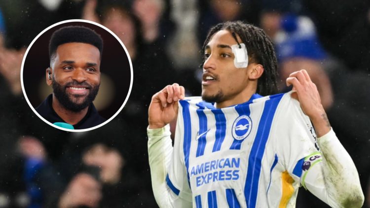 Joao Pedro playing for Brighton against Arsenal in the Premier League. Inset, Darren Bent as a pundit