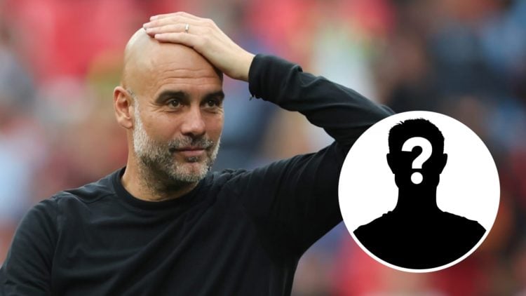 Manchester City manager Pep Guardiola with his hand on his head during the FA Cup semi-final against Nottingham Forest. Inset, mystery football player