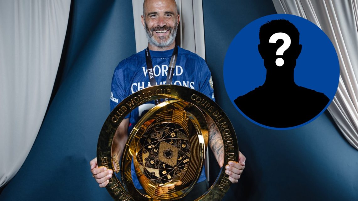 Chelsea manager Enzo Maresca holding Club World Cup trophy, inset mystery player