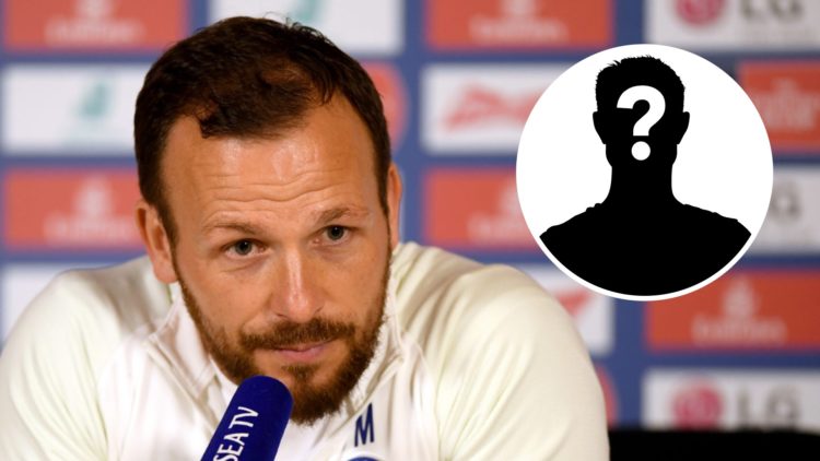 Jody Morris speaking at a press conference as Chelsea's assistant manager. Inset, mystery football player