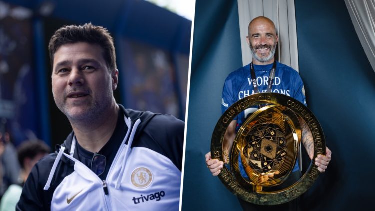 Mauricio Pochettino arrives at Stamford Bridge at Chelsea FC v AFC Bournemouth - Premier League. Enzo Maresca poses with the trophy in Winner's Por...