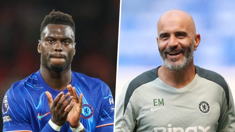 Picture one Chelsea defender Benoit Badiashile claps after the Premier League match against Liverpool. Picture two Chelsea manager Enzo Maresca in ...