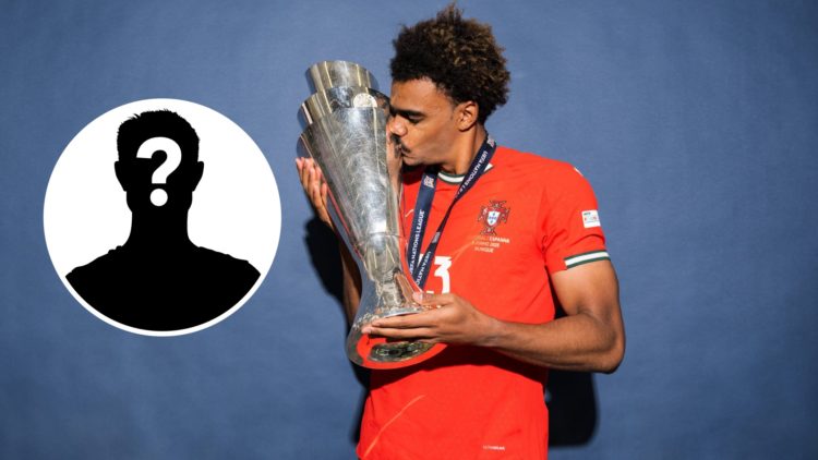 Chelsea and Portugal star Renato Veiga kissing trophy, inset mystery player