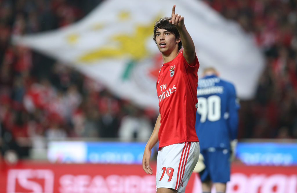 Joao Felix of SL Benfica celebrates after scoring a goal during the Liga NOS match between SL Benfica and Vitoria FC at Estadio da Luz on April 14, 2019 in Lisbon, Portugal.