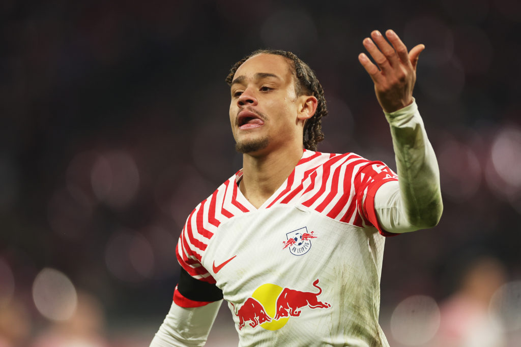 Xavi Simons of RB Leipzig reacts during the Bundesliga match between RB Leipzig and Eintracht Frankfurt