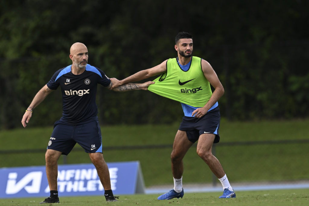 Armando Broja and Enzo Marsca on the pitch during a Chelsea training session.