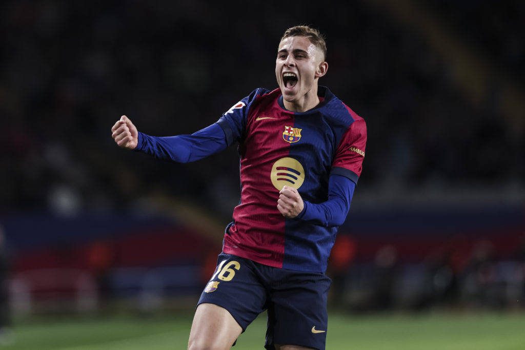 Barcelona star Fermin Lopez celebrates against Valencia in a La Liga match.
