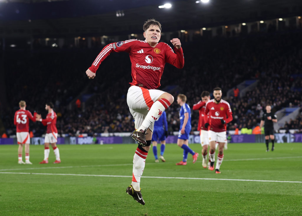 Alejandro Garnacho celebrates scoring for Manchester United against Leicester City in the Premier League.