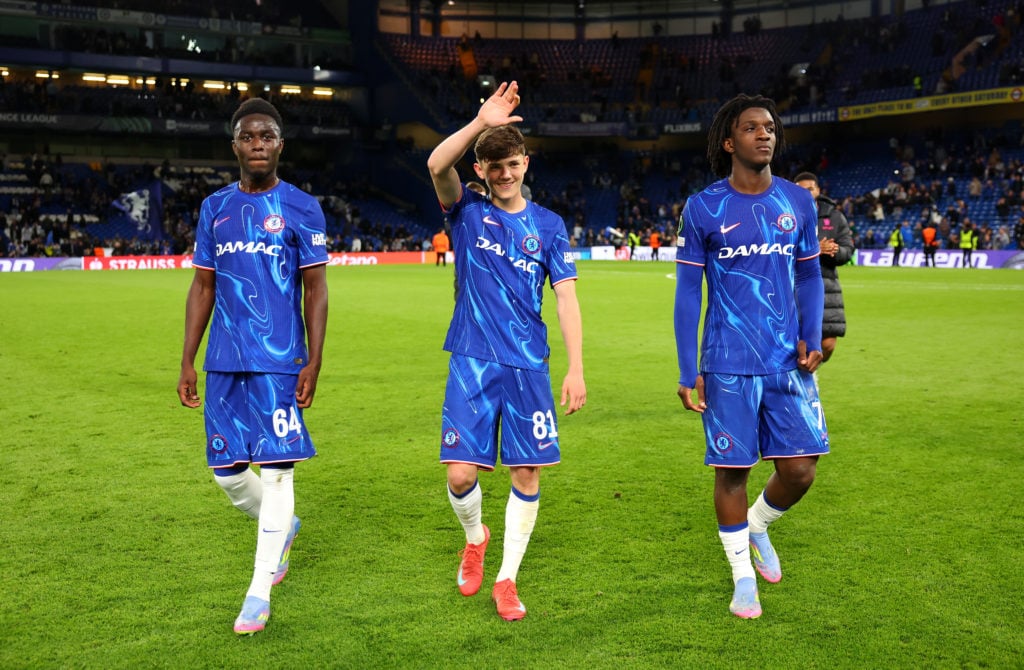 Chelsea youngsters Reggie Walsh, Genesis Antwi and Shim Mheuka leaving the pitch after the Conference League tie against Djurgarden.