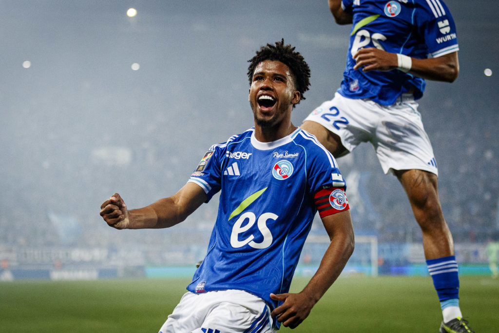 Andrey Santos celebrates during RC Strasbourg Alsace v Le Havre AC - Ligue 1 McDonald's