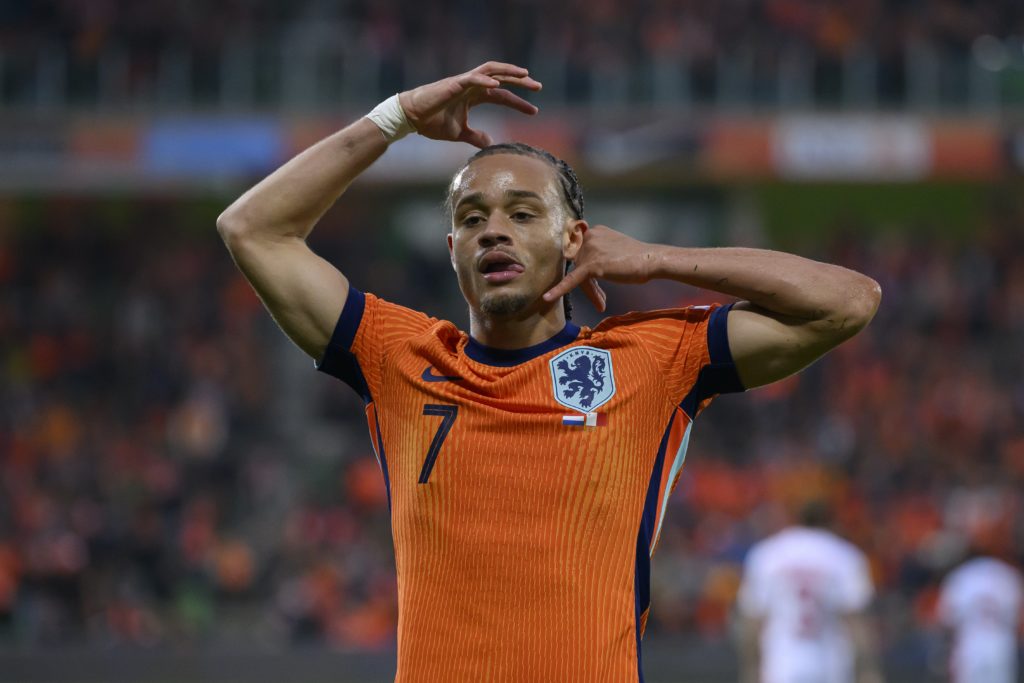 Xavi Simons celebrates scoring for the Netherlands against Malta in a World Cup qualifier.