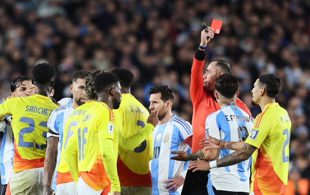 Enzo Fernandez is sent off during Argentina vs Colombia