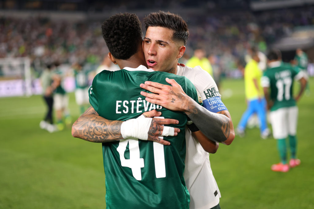 Estevao Willian and Enzo Fernandez embrace after SE Palmeiras v Chelsea FC: Quarter Final - FIFA Club World Cup 2025