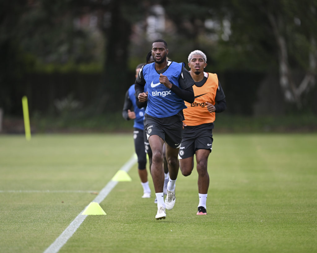 Tosin Adarabioyo and Wesley Fofana of Chelsea during a training session