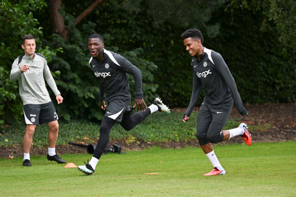 Estevao Willian and Moises Caicedo during a Chelsea training session at Cobham.
