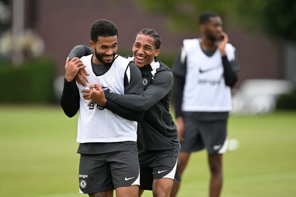 Joao Pedro and Reece James during a Chelsea training session at Cobham.