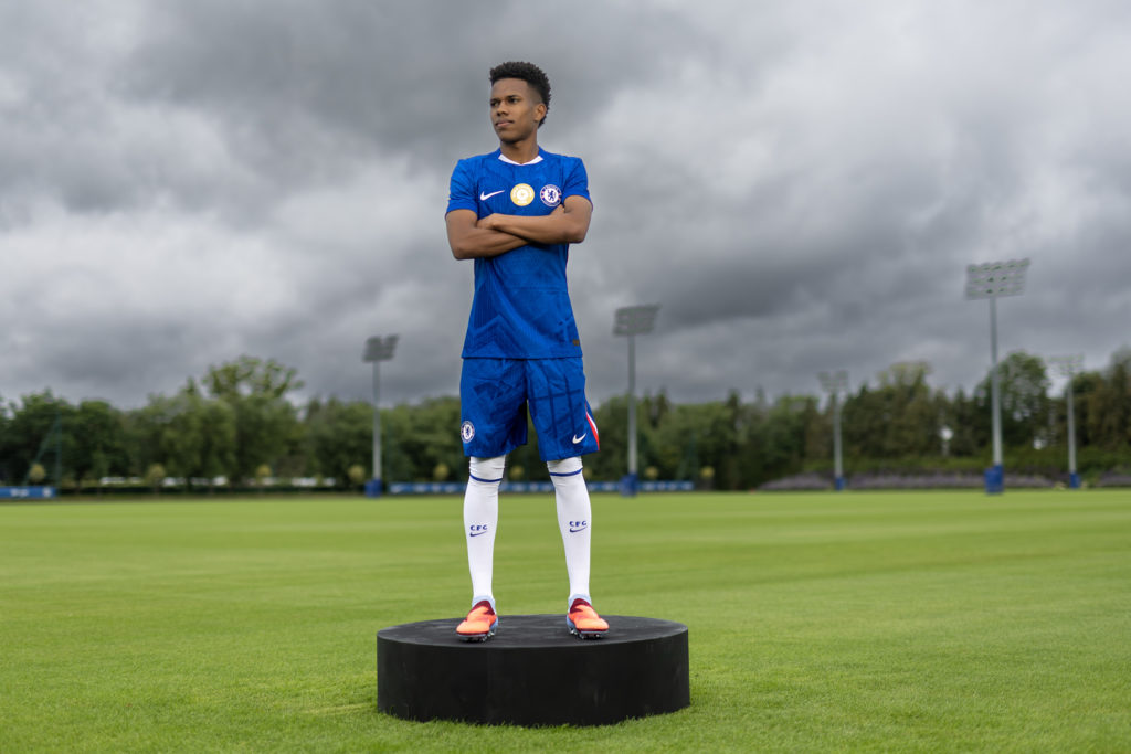 Signing Estevao poses for photographs as he arrives at Chelsea
