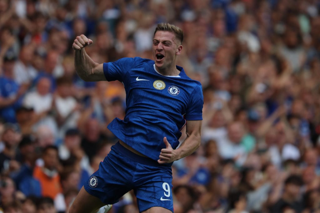 Liam Delap celebrates scoring during VisitMalta Weekender - Chelsea FC v AC Milan