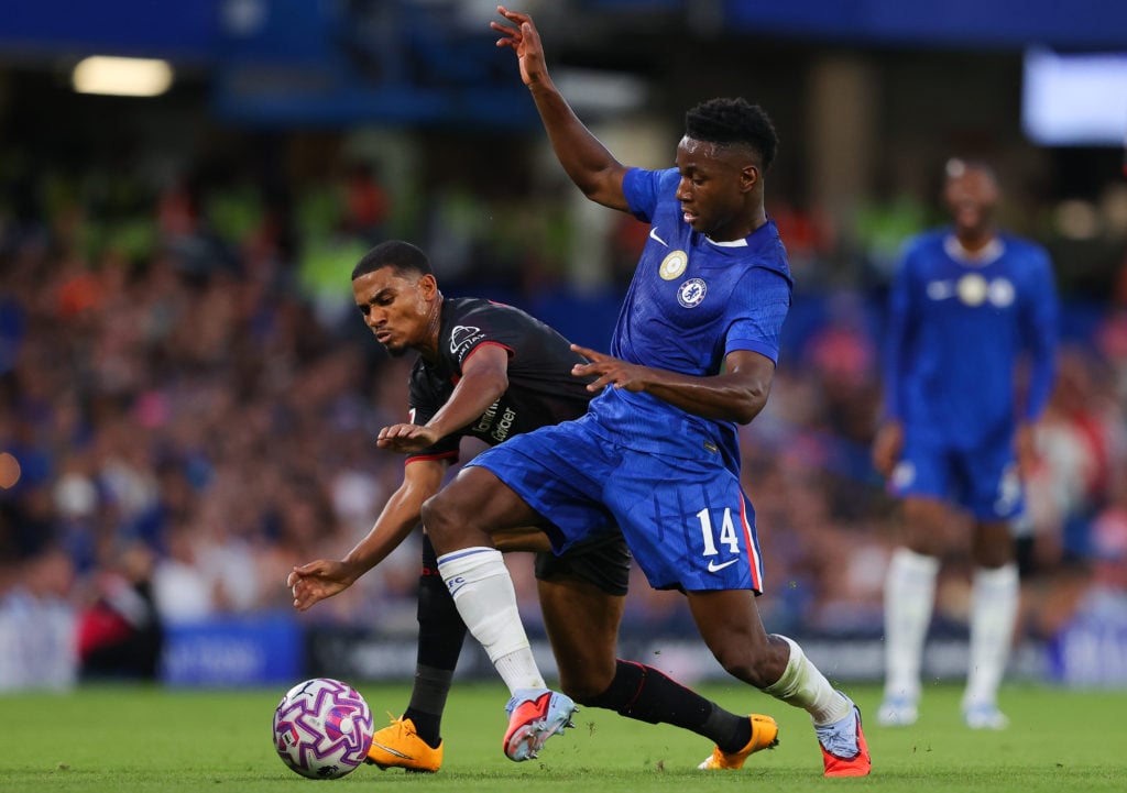 Chelsea midfielder Dario Essugo battling for possession against Bayer Leverkusen in a pre-season friendly.
