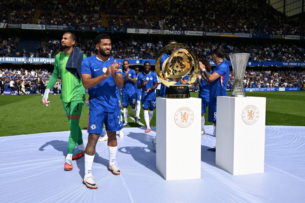 Chelsea's players at Stamford Bridge alongside the Club World Cup and Conference League trophies.
